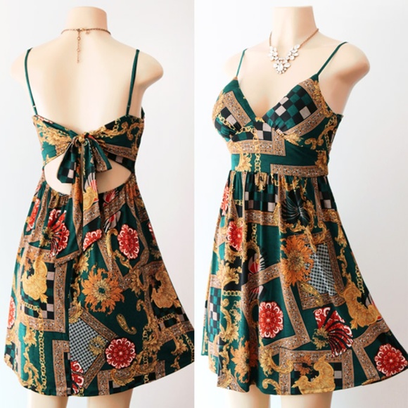 Olive Tree Dresses & Skirts - Green Gold Bow Tie Back Stretchy Jersey Knit Dress